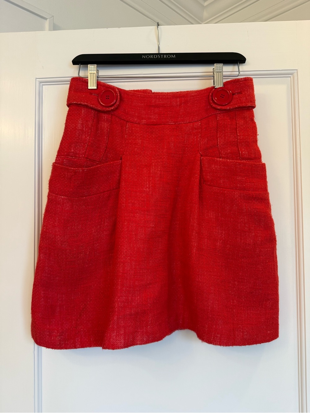 Tibi Red Textured A-Line Skirt with Front Pockets and Buttoned Waist